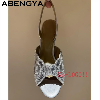 2026 Summer Trendy New Shiny Fish Mouth Toe Sexy Stiletto Sandals Woman Quality Sequined Thin High Heel Slippers for Women Shoes