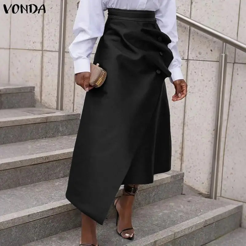 VONDA Plus Size 5XL Elegant Women Satin Skirts High Waist Button Pleated Asymmetrical Maxi Jupes Fashion Solid Long Faldas Saia