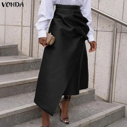 VONDA Plus Size 5XL Elegant Women Satin Skirts High Waist Button Pleated Asymmetrical Maxi Jupes Fashion Solid Long Faldas Saia
