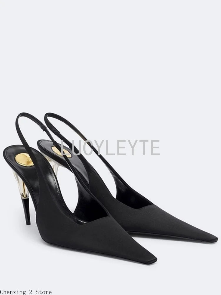 Women Satin Pointed‑Toe Stiletto Pumps with Clear Heel, Elegant Back Strap Dress Heels for Formal Dating Club Occasions