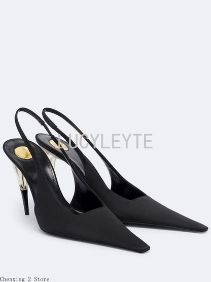 Women Satin Pointed‑Toe Stiletto Pumps with Clear Heel, Elegant Back Strap Dress Heels for Formal Dating Club Occasions