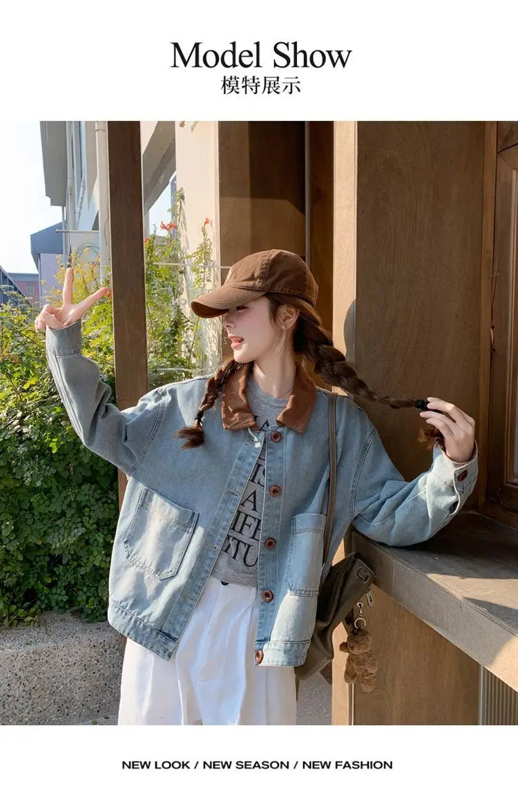 Women Clothing Autumn Fashion Korean Button Color Blocking Polo Collar Female All-match Fashionable Pocket Appear Thin Cardigan