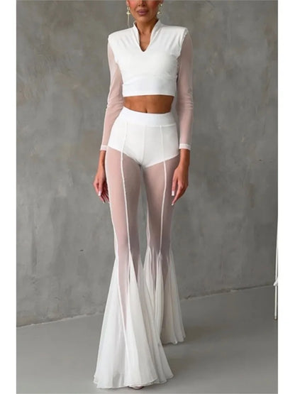 Sexy Sheer Flare Pants For Women Fashion Solid High Waist Long Pants Lady Casual Holiday Streetwear Women's Clothing New 2025