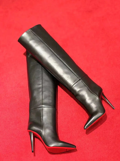 New European and American Women's Slim High Heels, Pointed Rivets, Knee Length Boots, Fashionable Party Oversized Mid Size Boots