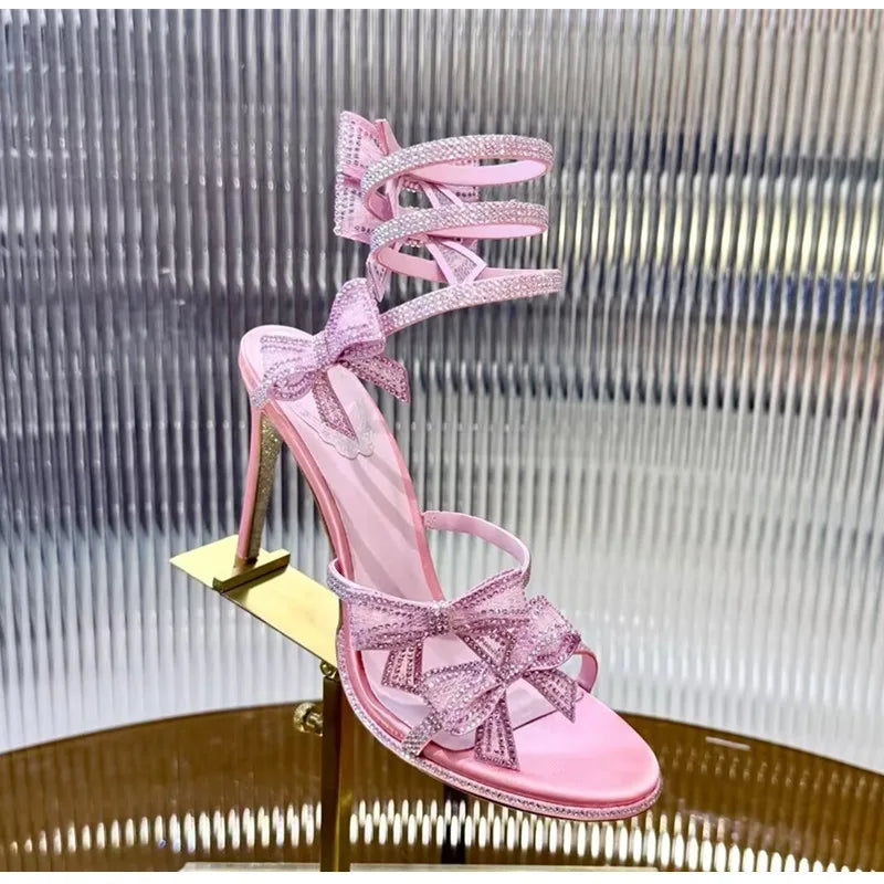 Luxury Rhinestones Mesh Bowknot Snake Coiled Women Gladiator Sandals Sexy Narrow band Thin High heels Summer Wedding Party Shoes