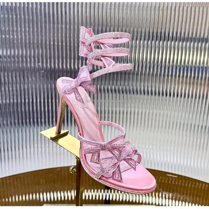 Luxury Rhinestones Mesh Bowknot Snake Coiled Women Gladiator Sandals Sexy Narrow band Thin High heels Summer Wedding Party Shoes