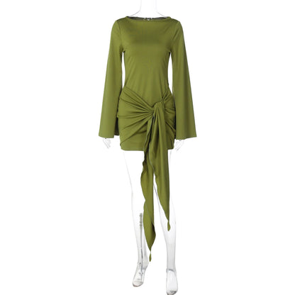 Dulzura 2025 Autumn Fashion Elegant O-Neck Long Sleeve Slim Fit Lace Up Mini Dress Ladies Solid Casual Clothes Party Club Outfit