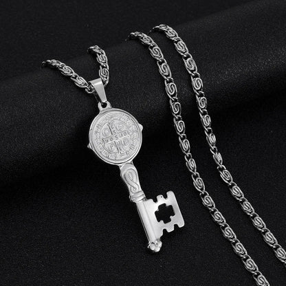 Catholicism Saint Benedict Key of Life Pendant Necklace for Women Men Stainless Steel Hip Hop San Benito Medal Necklaces Jewelry