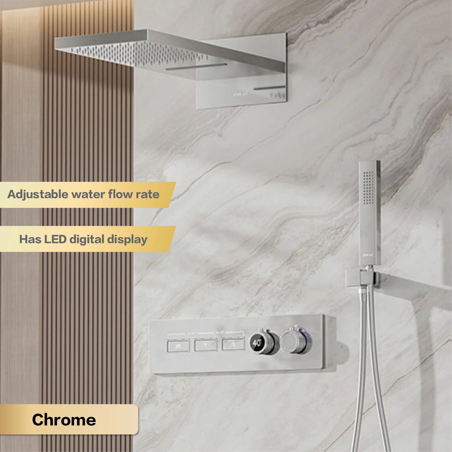 Luxury brass gun gray wall mounted shower system, wall mounted design with constant temperature LED digital display bathroom Tap