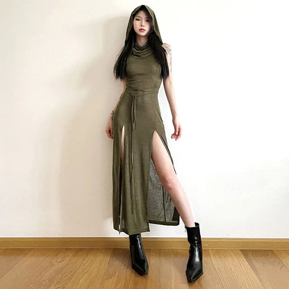 Cyber Gothic Desert Walker Hooded Dresses Y2k Punk Grunge Hollow Out Midi Dress Women Sexy Split Side Solid Streetwear