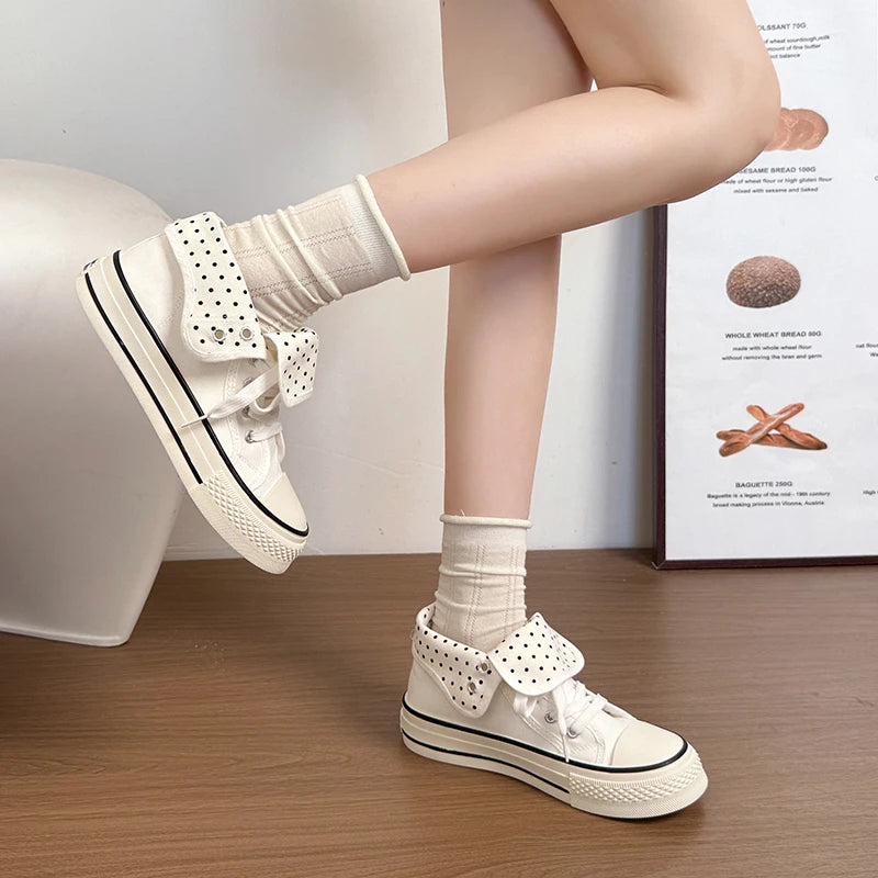 New High Help Canvas Shoes Dots Women's Casual Shoes Woman Vulcanize Sneakers Comfortable Sport Walking Platform Flats Shoes 015