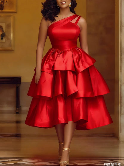 Women Elegant Shiny One Shoulder Ruffle Layered Christmas Party Dresses Date Out Birthday Wedding Guest Event Occasion Gowns New