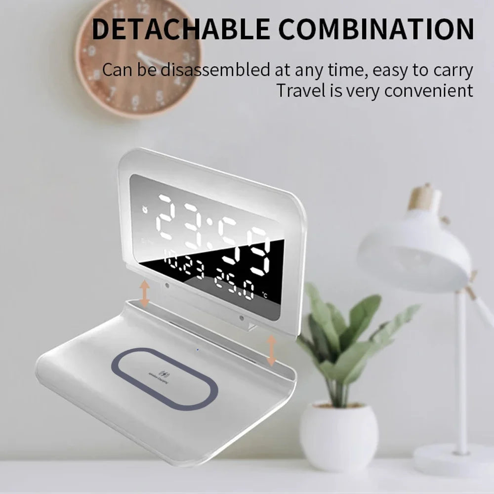 Wireless Charger Pad Stand with Alarm Clock Thermometer for iPhone 17- 11 X Xiaomi Samsung 15W Phone Fast Charging Station