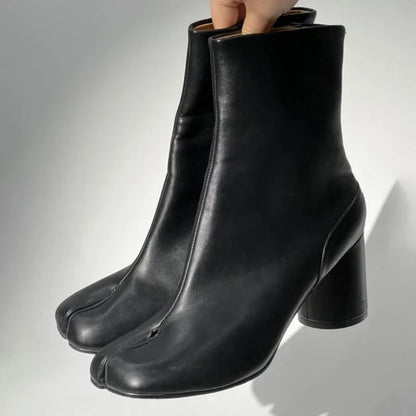 Luxury Brand Designer Tabi Split-toe Ankle Boots Women Genuine Leather Chunky Round Heel Short Boots 2024 Autumn Winter Shoes