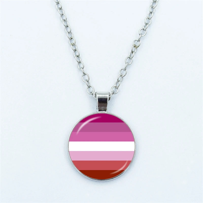 Rainbow Necklace LGBT Lesbian Gay Pride Rainbow Friendly Print Art Pattern Glass Cabochon Pendant Couple Chain Necklace Gift