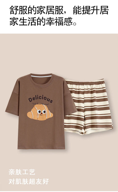 100% Pure Cotton Women Pajamas Summer Cartoon Print Pijamas Girls Nightwear Homewear Short Sleeve Sleepwear O-neck Loungewear