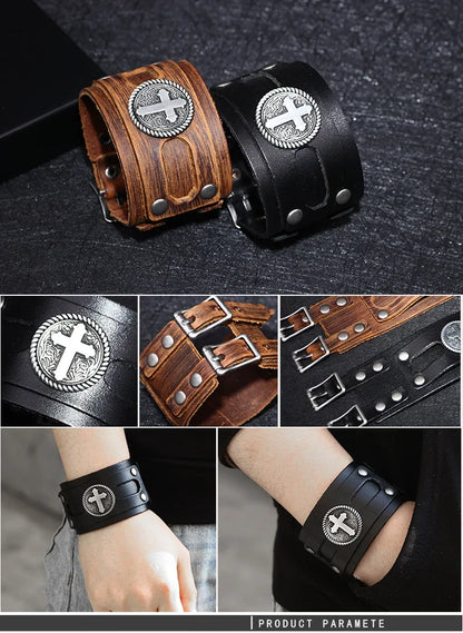 Kirykle Fashion Cross Stud Spikes Rivet Bracelet for Man Adjustable Leather Wristband Bangle Cuff Wide Cuff Punk  Jewelry Gift