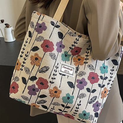 Stylish Corduroy Tote Bag for Women Bohemian Ethnic Style Shoulder Bag for Daily Commuting Shopper Office Worker College Student