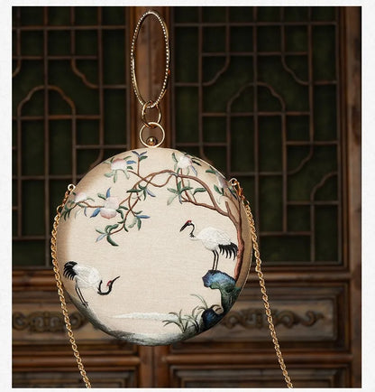 Cape-Bay Brand Women's Bag, Elegant and Classy Small Handbag, Shoulder Bag, Round Bag, Crossbody Bag, Classical Beauty, Retro Fashion, Chinese Suzhou-Style Embroidery, Landscape Painting, Floral and Bird Motifs, Beautiful Min