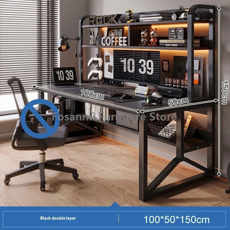 Black Wide Students Study Desk Modern Office Sturdy PC Desk with Shelf Y-Shaped Metal Frame Gaming Computer Table for Home Gamer