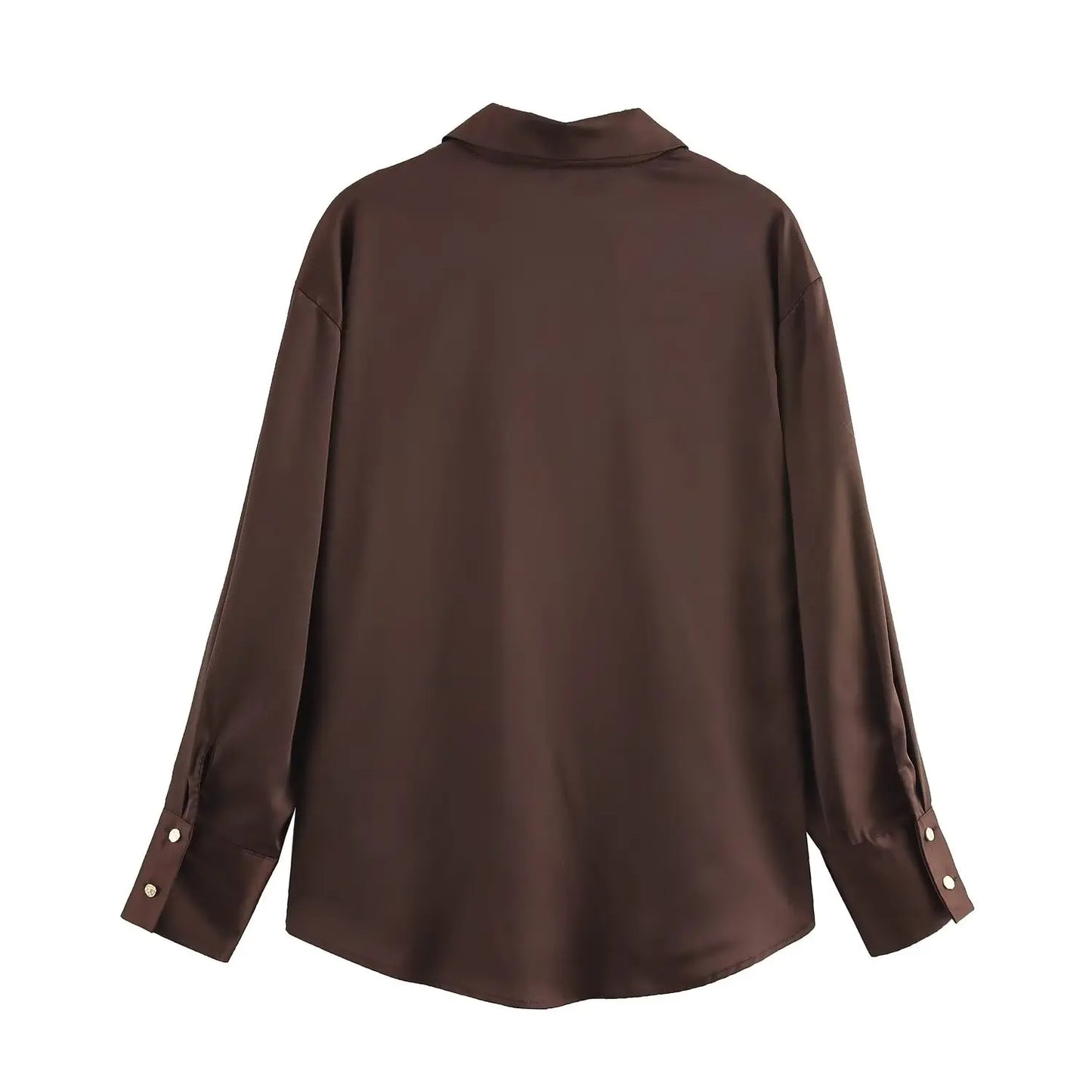 DUOPERI Women Fashion Satin Brown Blouse Lapel Neck Long Sleeves Vintage Female Chic Lady Shirts