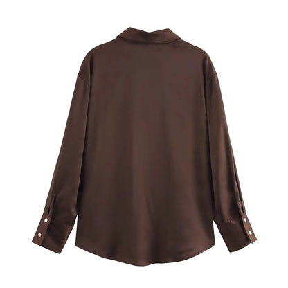 DUOPERI Women Fashion Satin Brown Blouse Lapel Neck Long Sleeves Vintage Female Chic Lady Shirts