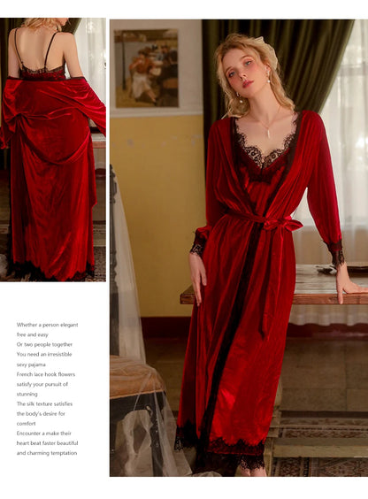 REBEYULI Brand Sexy Sleepwear Women 2026 Autumn Lace Sweet Solid Night Dress Long Soft Comfortable Velvet Robe Gown Sets Women