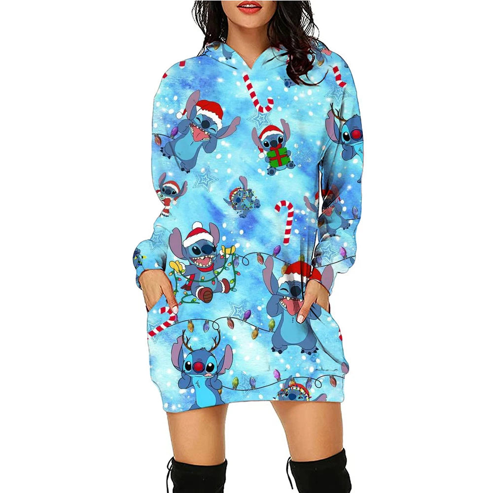 Christmas Disney Brand Stitch Cartoon Long Hoodie Autumn New Mini Sexy Long Sleeved Dress Korean Fashion Elegant Ladies Party