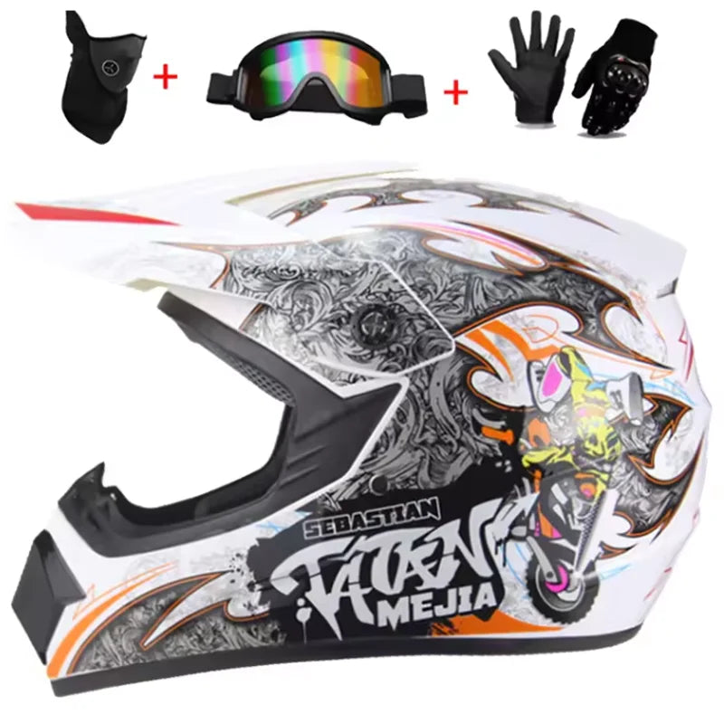 Kids Motocross Helmet Full-Face Kit - DOT & ECE Certified Motorcycle Helmet + Off-Road Goggles + Protective Gloves