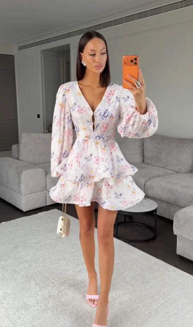 Sexy Deep V-neck Floral Printed  Long Sleeve Women Dress Fashion Waist-cinched Pleated Button-front Vestidos 2026 Daily Outfits