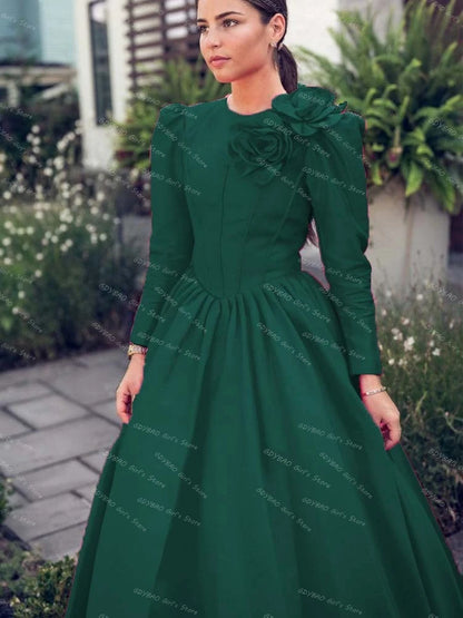 Elegant Women's A-line Prom Dress Round Neck Full Sleeves Evening Gown with 3D Flowers Floor-Length Satin Formal Dress Custom