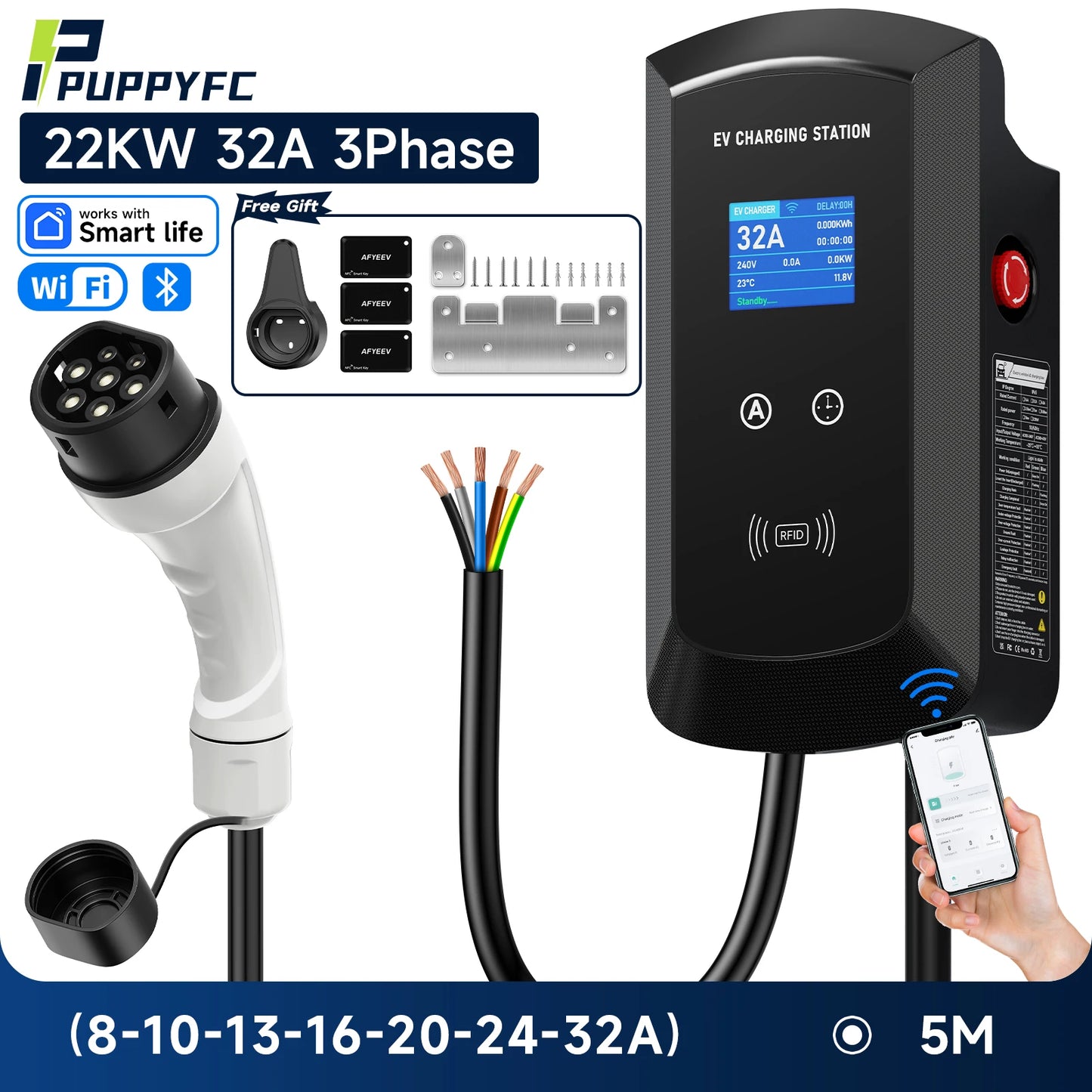 Puppyfc EV Charger 32A 7.6KW Electric Vehicle Car Charger EVSE Wallbox 11KW 22KW 3Phase Type2 5m IEC62196-2 Socket APP Control