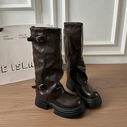 Women Double Buckle Slouch Knee High Boots Round Toe Platform Thick Sole Leather Tall Boots Street Casual Daily Ladies Boots