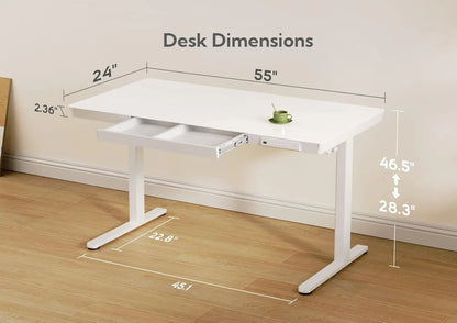 Glass Standing Desk with Drawers, 55 Inch Adjustable Stand Up Desk, Quick Install Home Office Computer Desk with, Customized