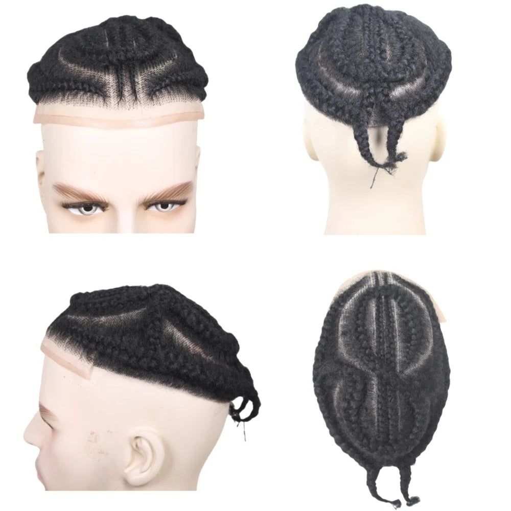 Glueless European Virgin Hair Toupee #1B Black - 8x10 Full Lace System w/Afro Corn Braids for Men