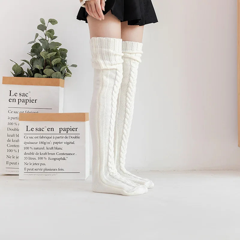 Women Winter Warm Breathable Long Johns Mohair Knee Length Knitted Wool Stretch High Sockings Femboy Leg Warmers Kawaii Clothes