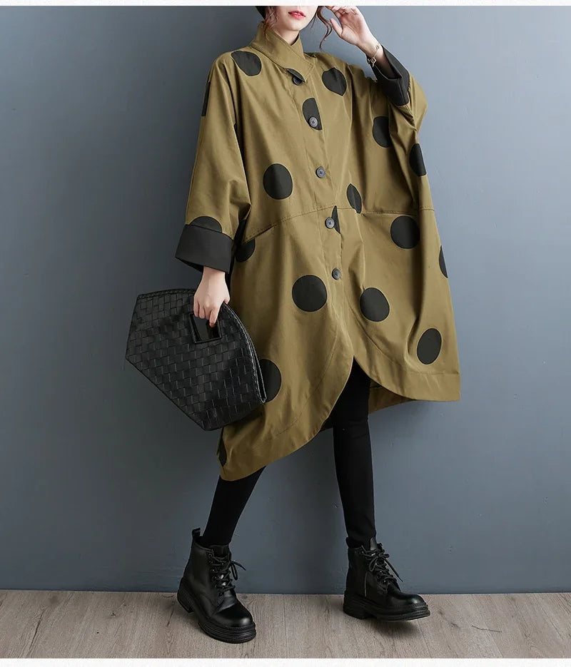 Oversized Polka Dot Trench Coat Women Vintage Autumn Loose Ladies Outwear Casual Trench Coats Fashion Woman Long Jacket Coat