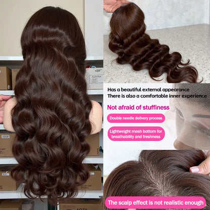 Smilegirl 250% Density Brown Body Wave Lace Frontal Wigs Human Blended Hair 13x4 HD Transparent Brown Body Wave Lace Frontal Wigs Chocolate Brown