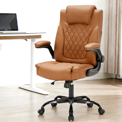 Heavy-Duty Leather Executive Office Chair Ergonomic Desk Chair with Lumbar Support, Flip-Up Arms, Tilt Lock & Swivel Wheels