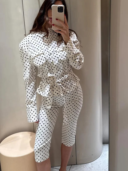 Fashion Polka Dot Cropped Pants Set For Women Y2K Stand Collar Lace Up Jacket High Waist Capri Pants Lady Street 2 Pieces Outfit