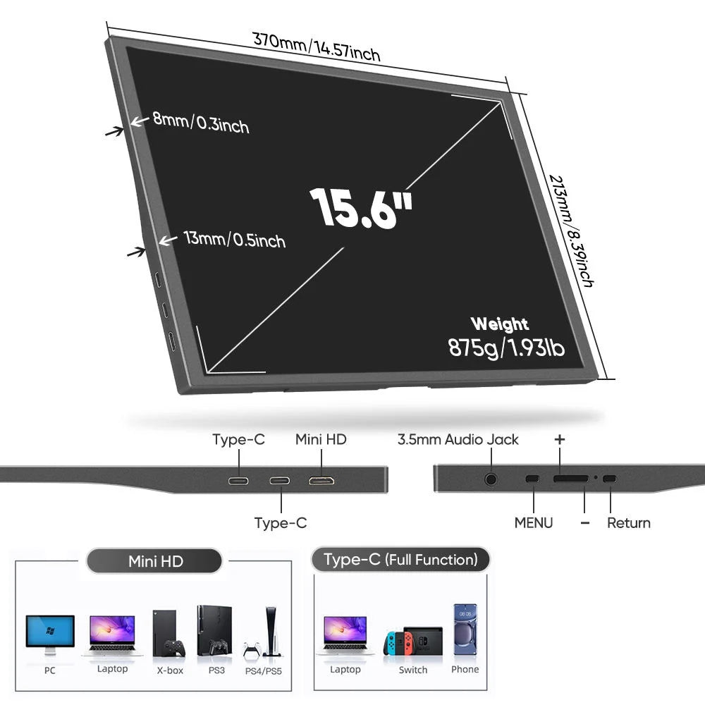 AHXJKA 15.6” Portable Monitor 60HZ IPS USB-C HDMI 250Cd/m² For Laptop XBox PS4 / 5 Switch TV Cell Phone PC Extension Mobile