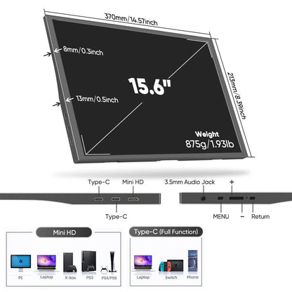 AHXJKA 15.6” Portable Monitor 60HZ IPS USB-C HDMI 250Cd/m² For Laptop XBox PS4 / 5 Switch TV Cell Phone PC Extension Mobile