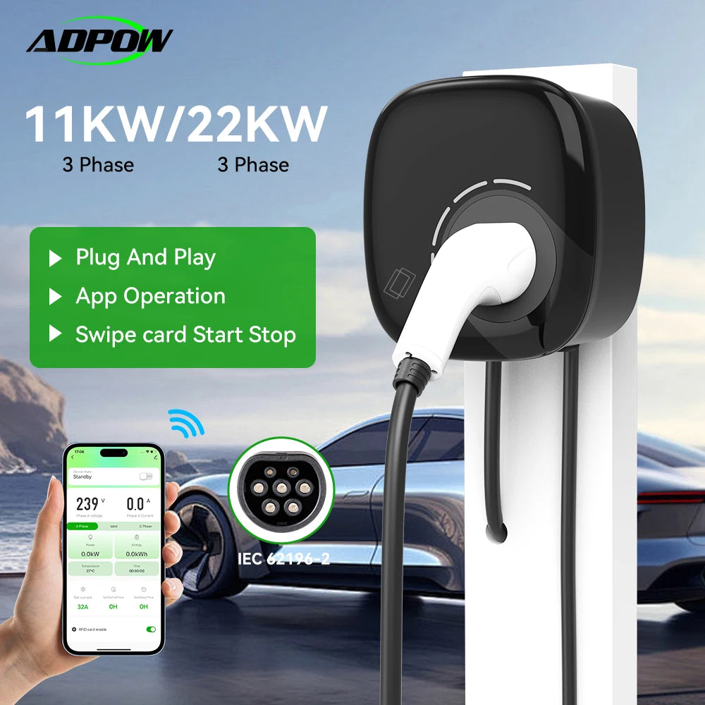 ADPOW 3Phase Type2 EV Charger Station 5M Cable 11kW / 22kW EVSE Charging Wallbox With APP Control Adjust Current Set Delay Time