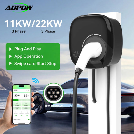 ADPOW 3Phase Type2 EV Charger Station 5M Cable 11kW / 22kW EVSE Charging Wallbox With APP Control Adjust Current Set Delay Time