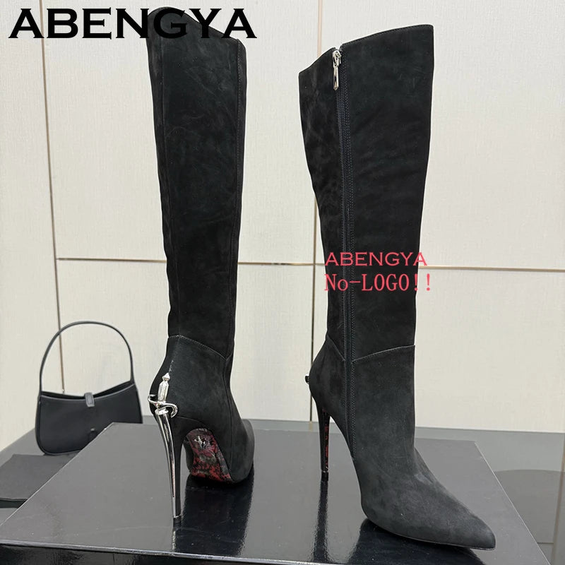 2025 Autumn Winter Fashion Pointy Toe Thin High Heels Long Boots Women Suede Leather Knee-High Boot Sexy Slim Knight Botas Mujer