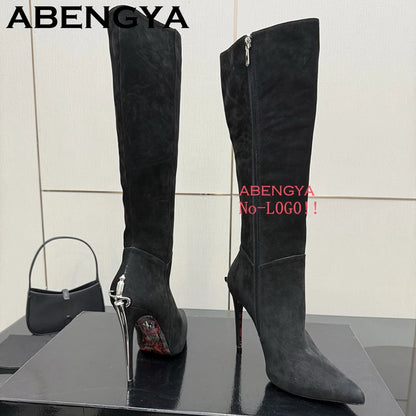 2025 Autumn Winter Fashion Pointy Toe Thin High Heels Long Boots Women Suede Leather Knee-High Boot Sexy Slim Knight Botas Mujer