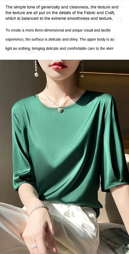 Summer satin Women Blouse Silky Loose Woman Shirt lady's half Sleeve tops Casual solid t-shirt O-Neck pullover women's clothing