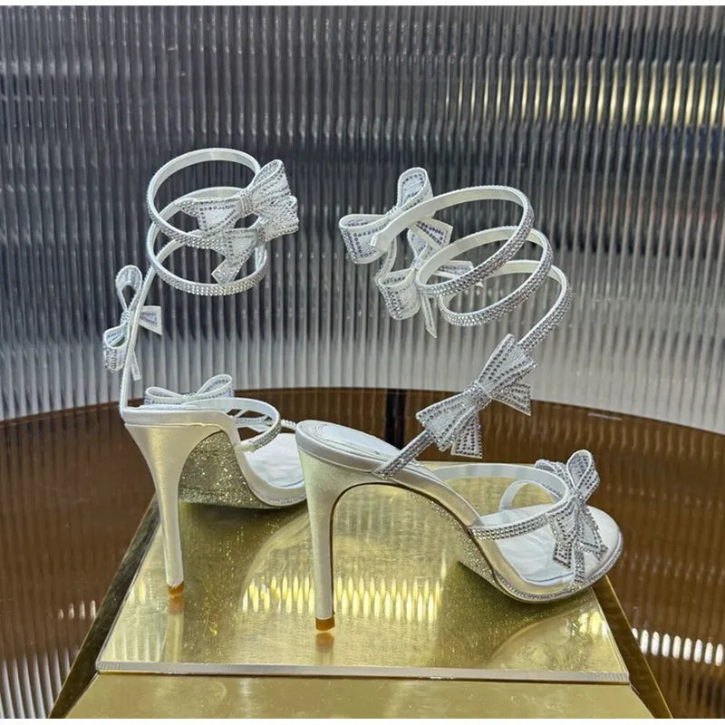 Luxury Rhinestones Mesh Bowknot Snake Coiled Women Gladiator Sandals Sexy Narrow band Thin High heels Summer Wedding Party Shoes