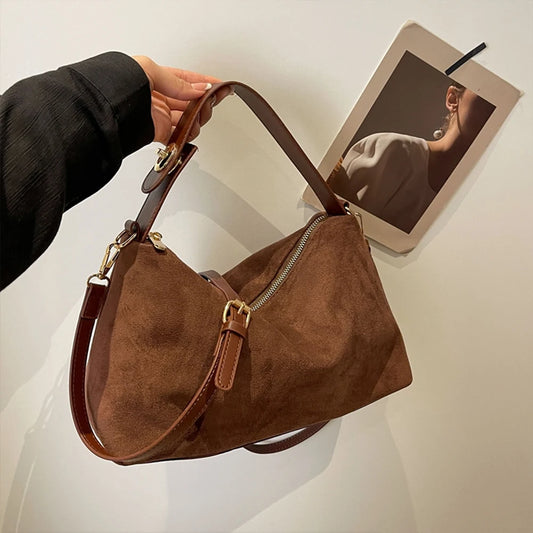 Fashion Autumn Winter Big Boston Tote Soft Matte Suede Cow Leather Women's Handbag Shoulder Crossbody Bag For Women Grey Brown