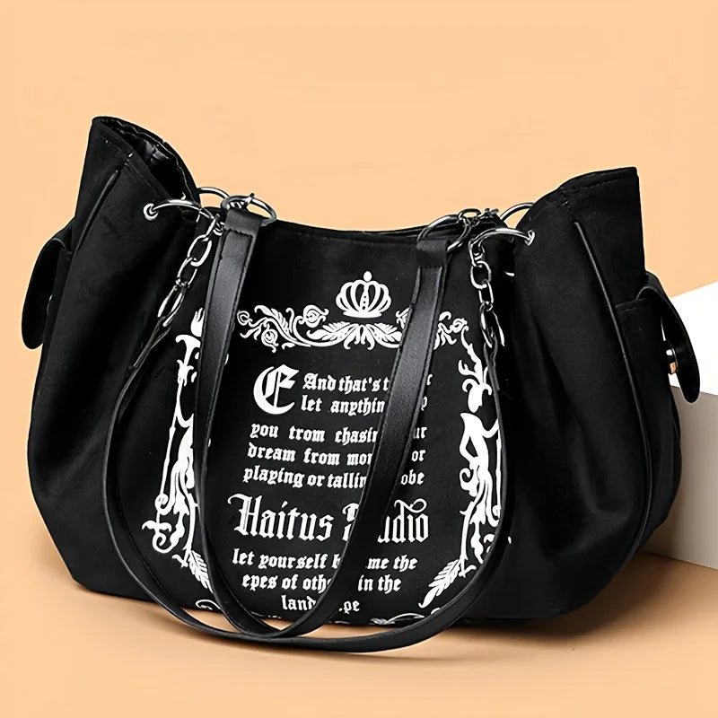 Letter Print Faux Suede Women Handbag Shoulder Bag, Retro Large Capacity Tote Bag for Daily Commuting and Hand-Carry.Pumpkin Bag
